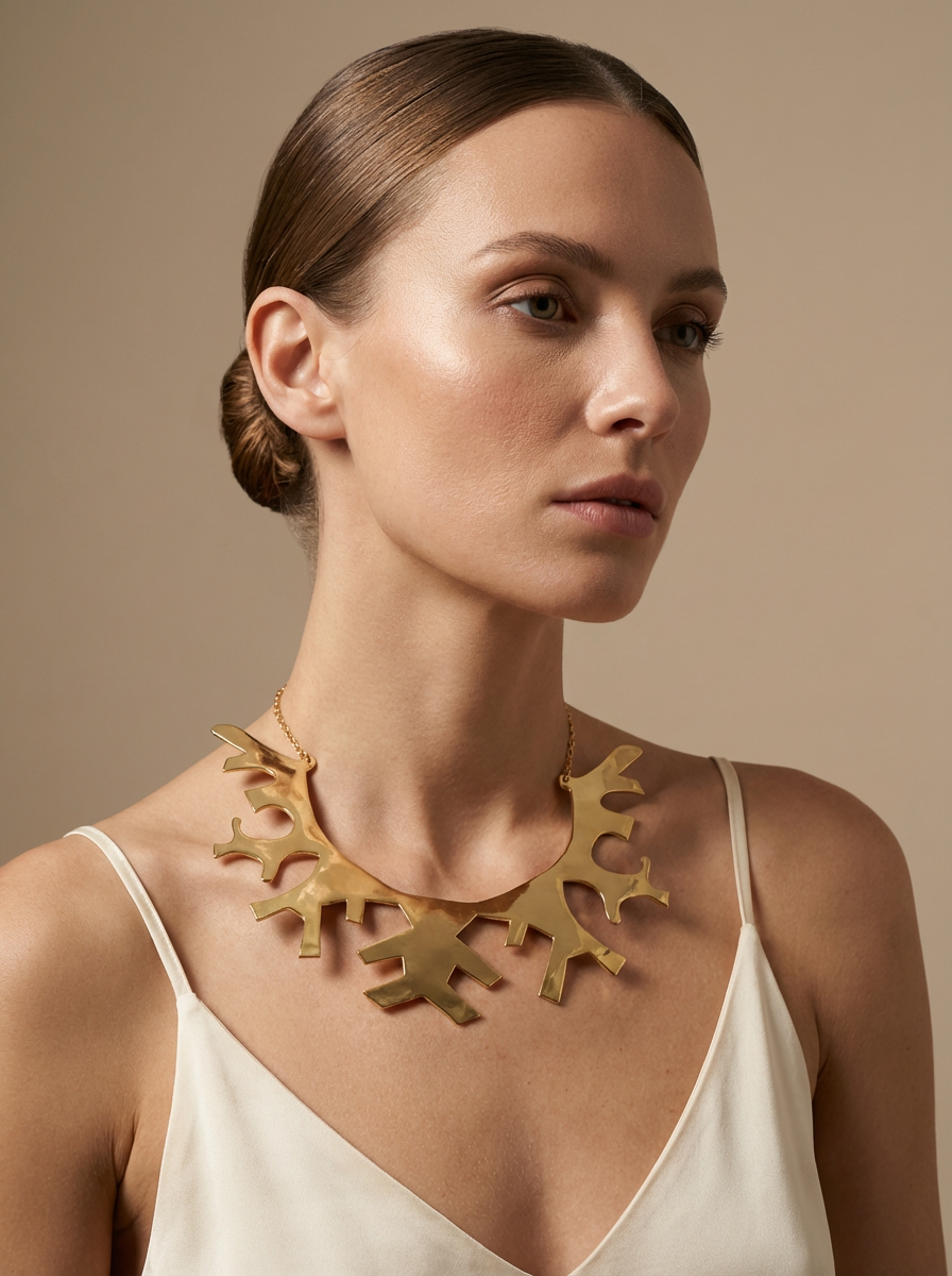 Firefly_Gemini Flash_A high-fashion studio portrait of a female model wearing an elegant statement gold ne 19768